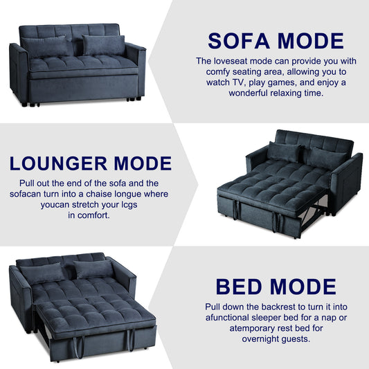 Dark grey loveseat sofa in sofa mode with tufted cushions and pillows
