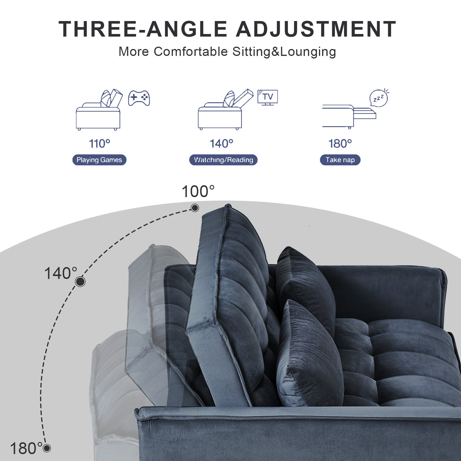 Dark gray velvet sofa with adjustable backrest for gaming reading or napping