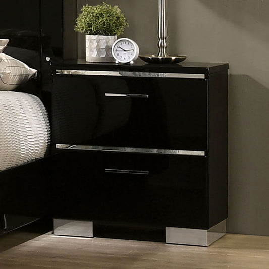 TREATLIFE HOME Contemporary Nightstand with High Gloss Lacquer Finish and Chrome Accents, Includes USB Charger, Black