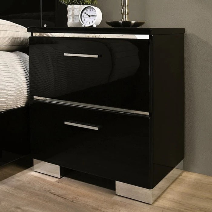 Sleek black twodrawer nightstand with chrome accents