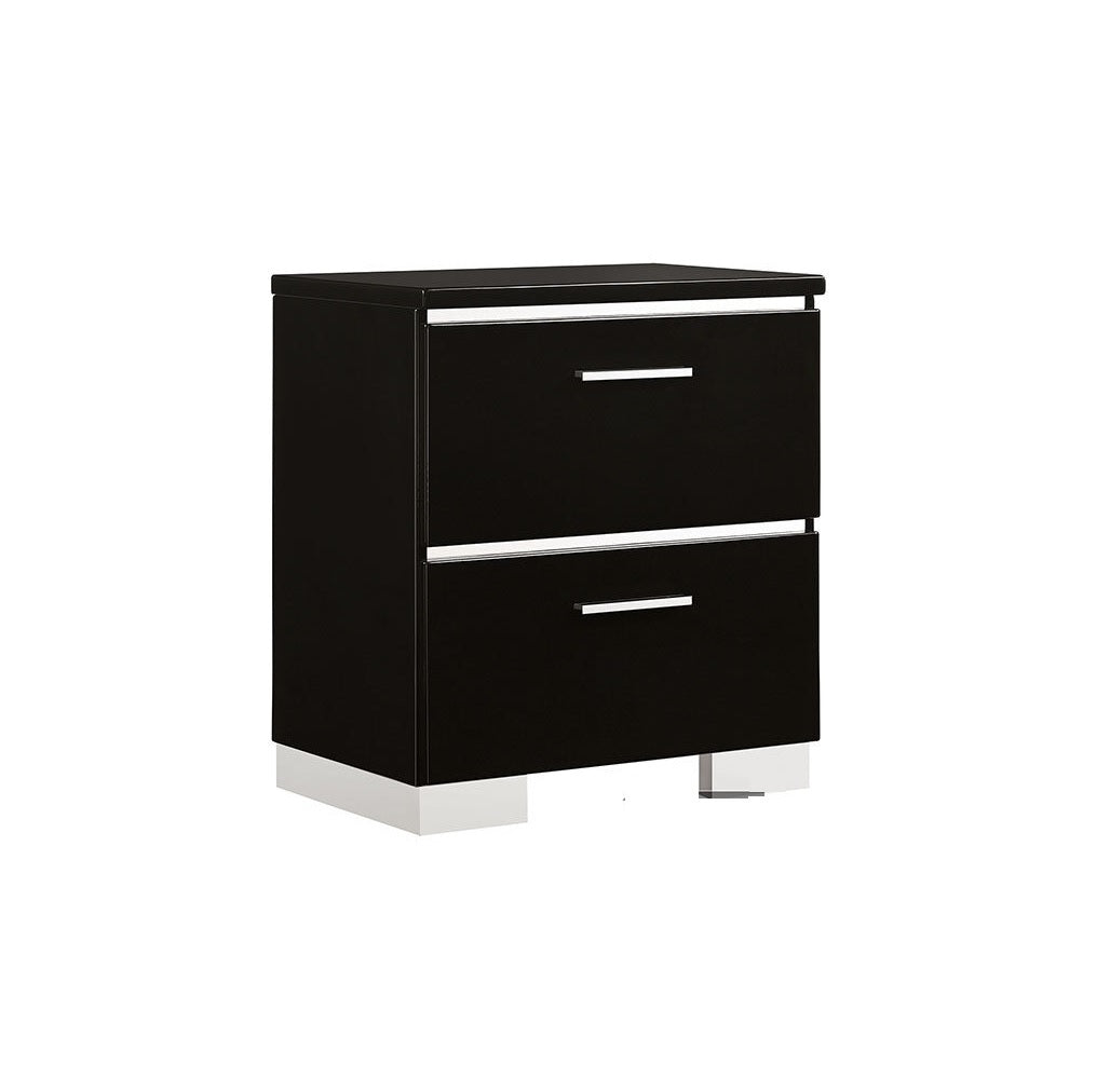 Sleek black twodrawer nightstand with silver handles and a modern white base
