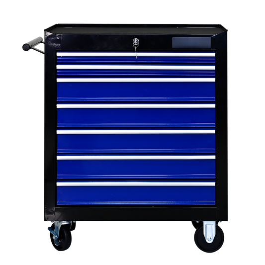 Black rolling tool chest with  bright blue drawers and silver trim