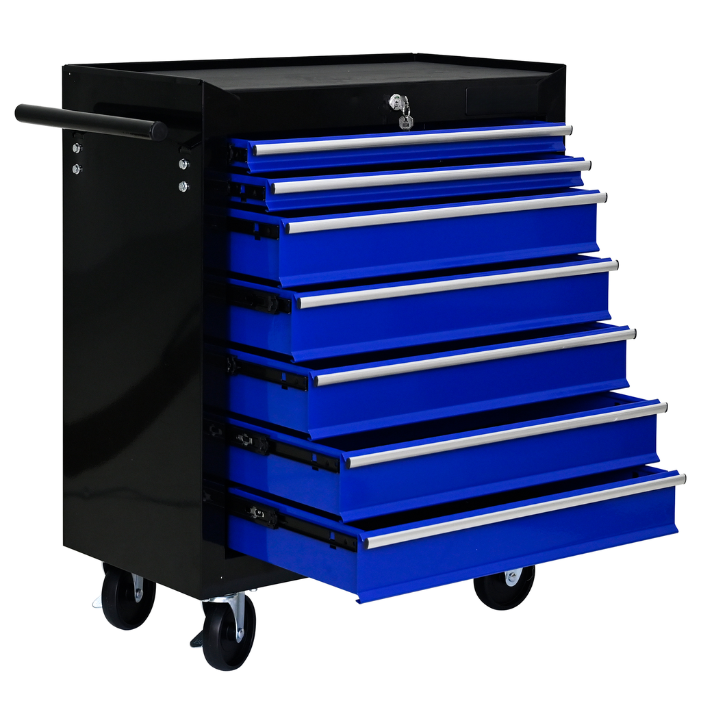 Black rolling tool chest with seven blue drawers and silver handles