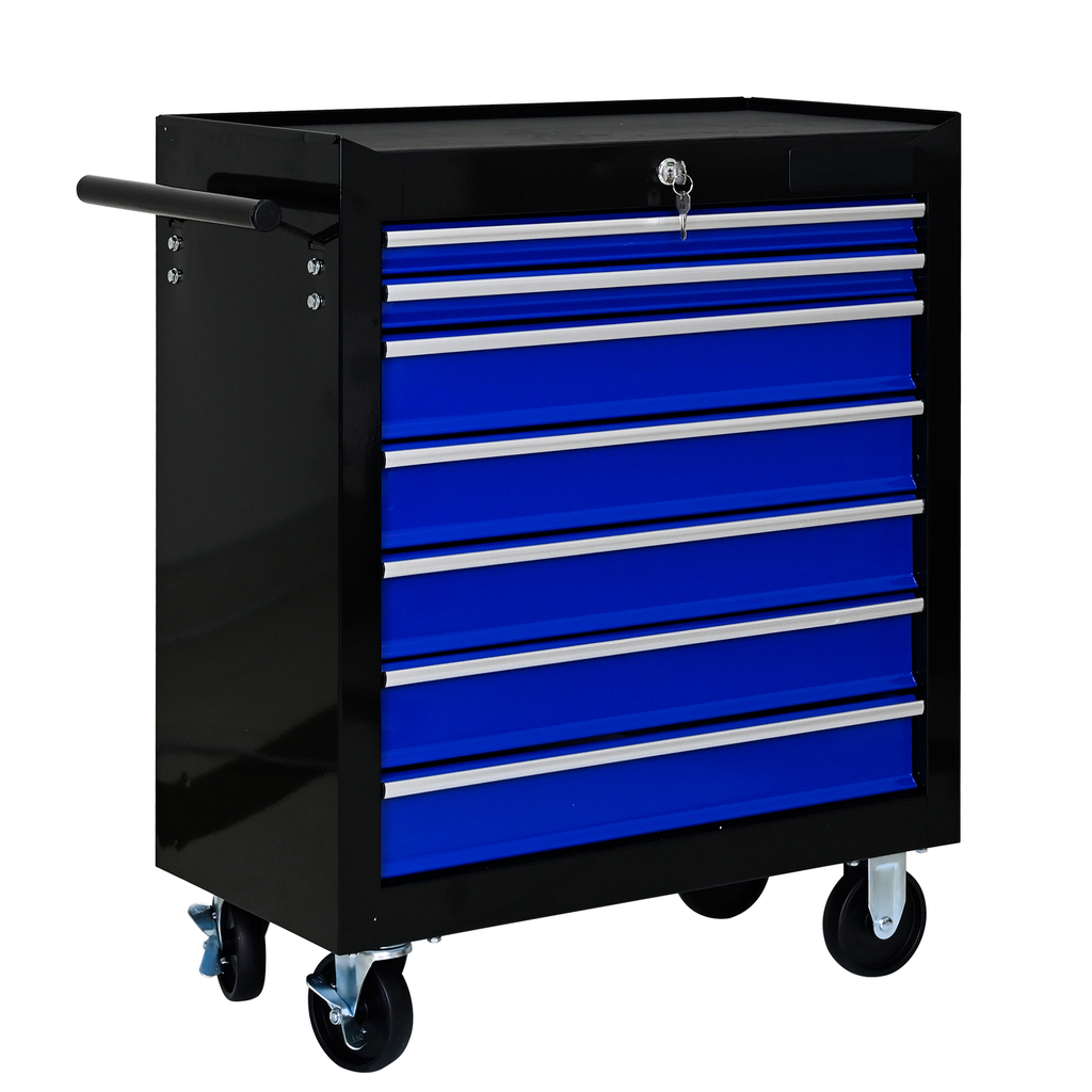 Black rolling tool chest with  blue drawers and silver trim
