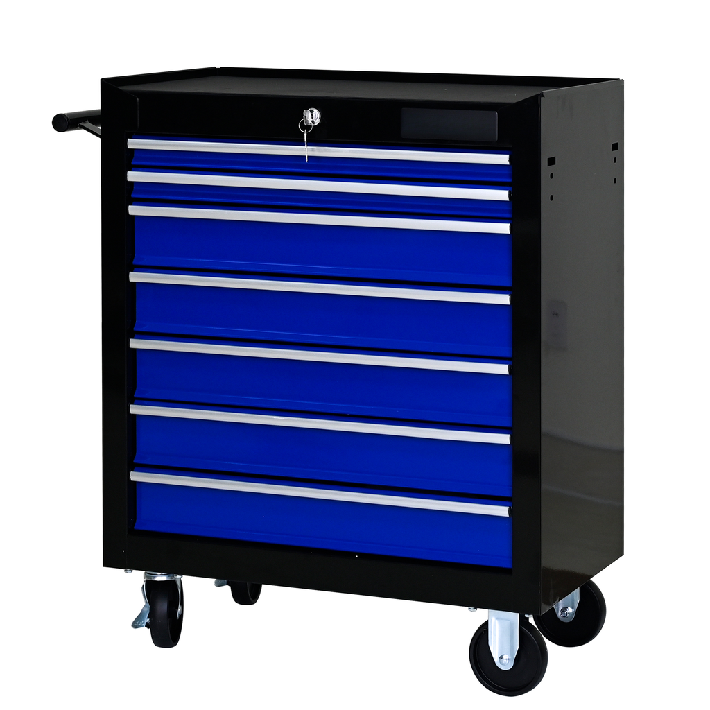 Black rolling tool chest with six bright blue drawers and silver handles featuring a top locking mechanism