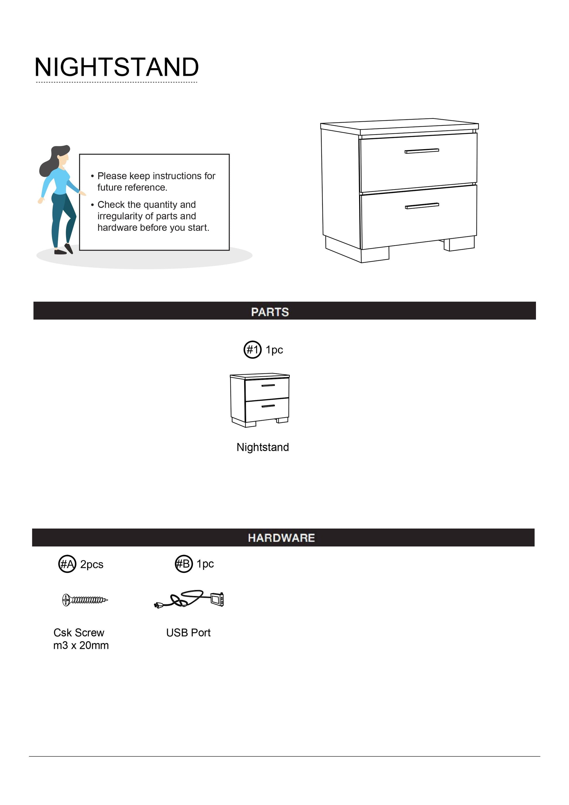 Illustration of a modern twodrawer white nightstand