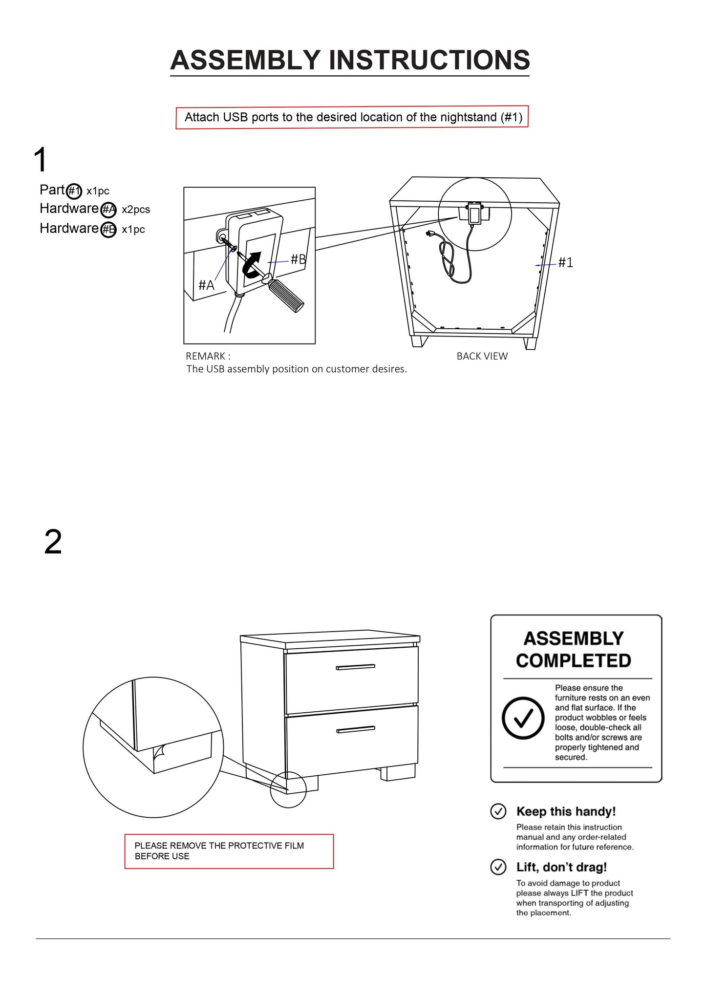 Diagram illustrating attachment of USB ports to the nightstand back panel