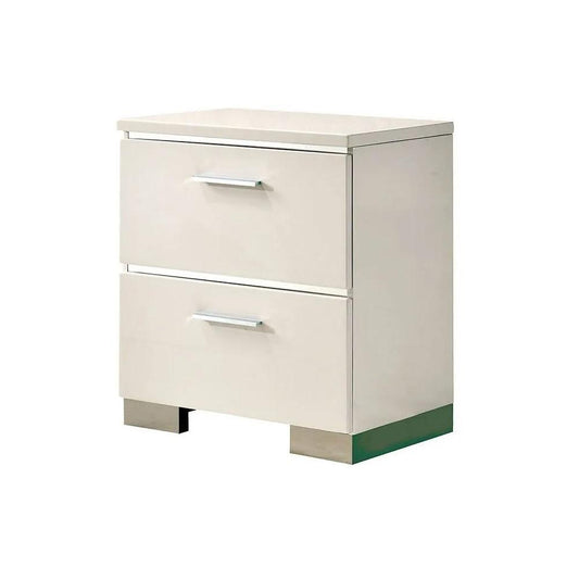 Cream modern bedside table with two drawers and brushed nickel handles