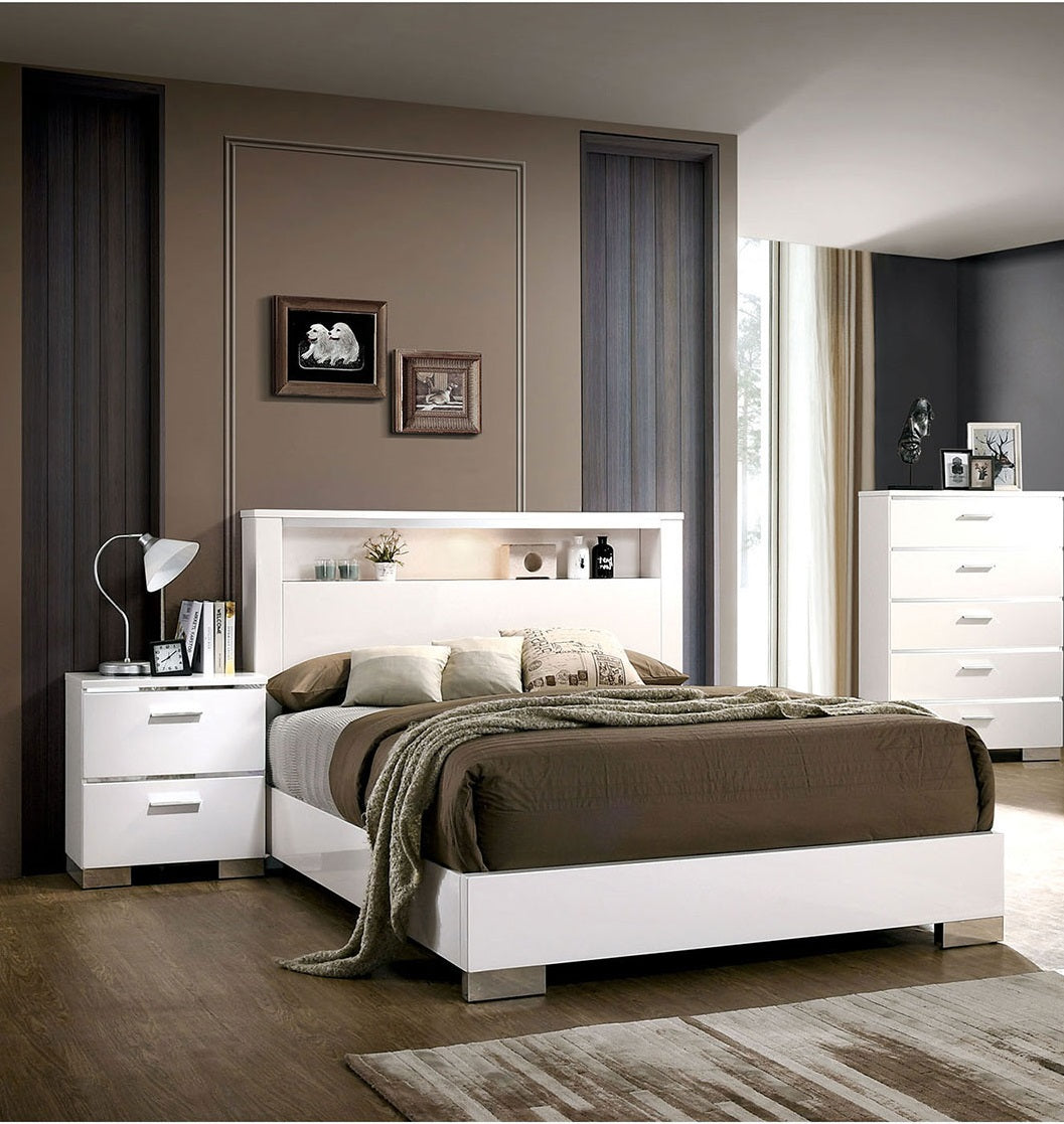 Modern white platform bed with builtin lighted headboard shelf