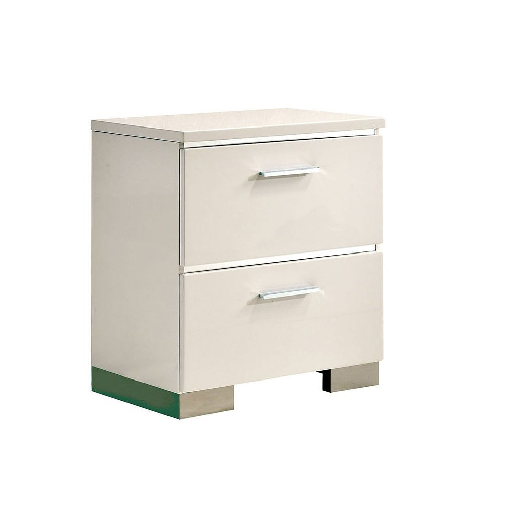 Cream highgloss finish nightstand with two drawers and silver handles