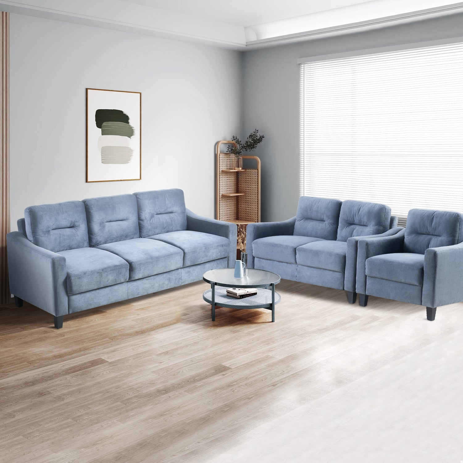 Plush blue velvet threeseater sofa with tufted back cushions for modern living rooms
