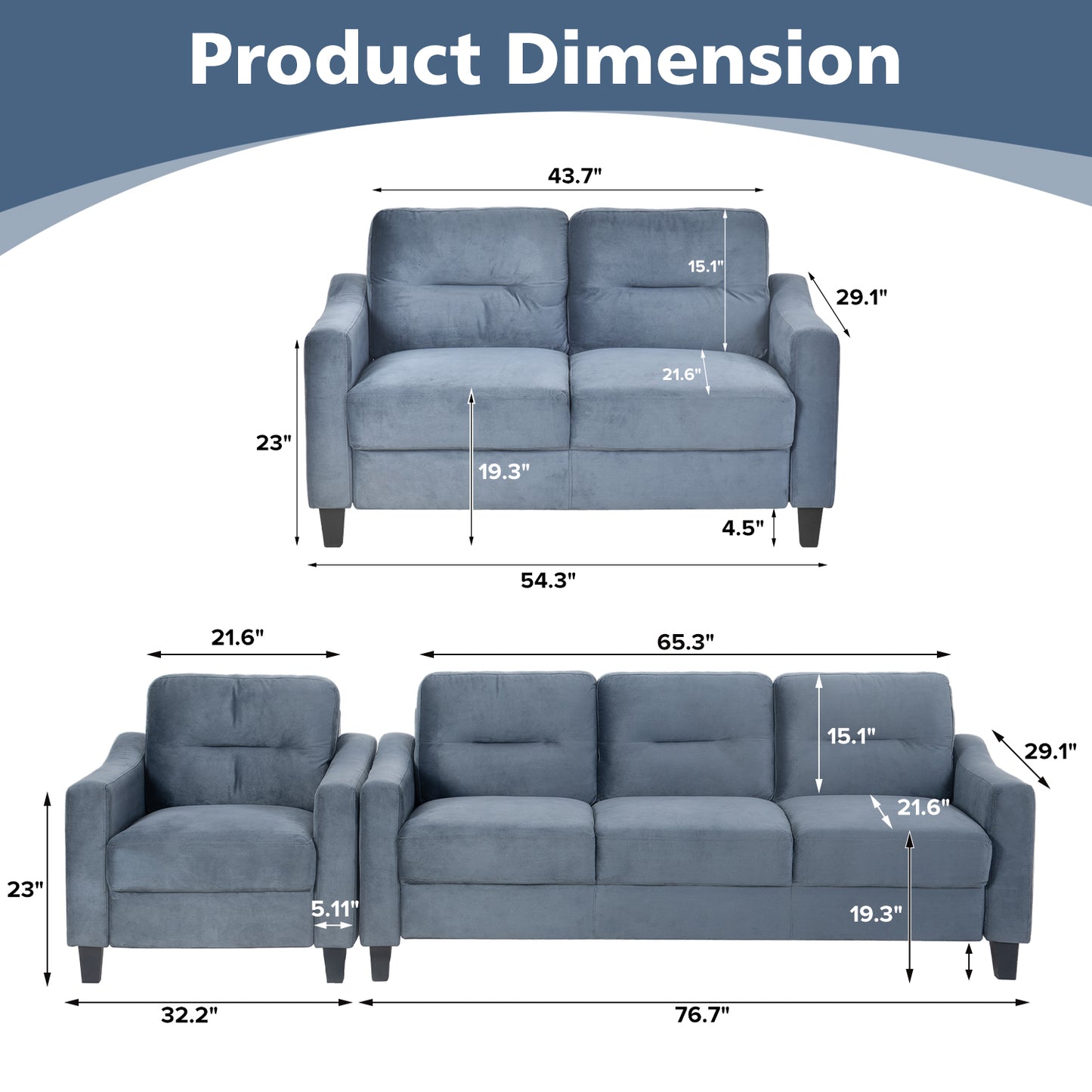 Dimensions for a grey velvet loveseat showing width  height  and seat depth