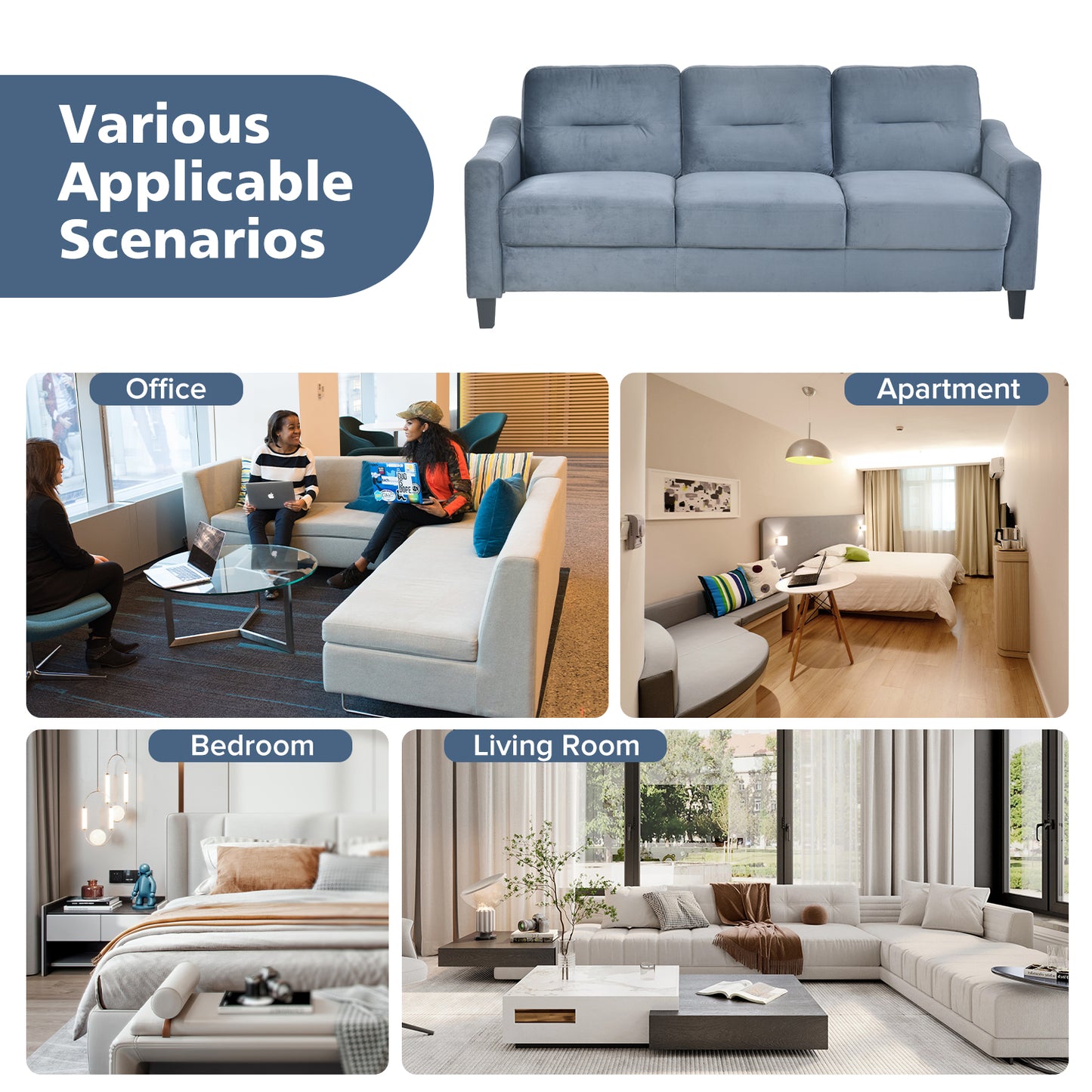 Plush blue velvet threeseater sofa a stylish centerpiece for any living room setting