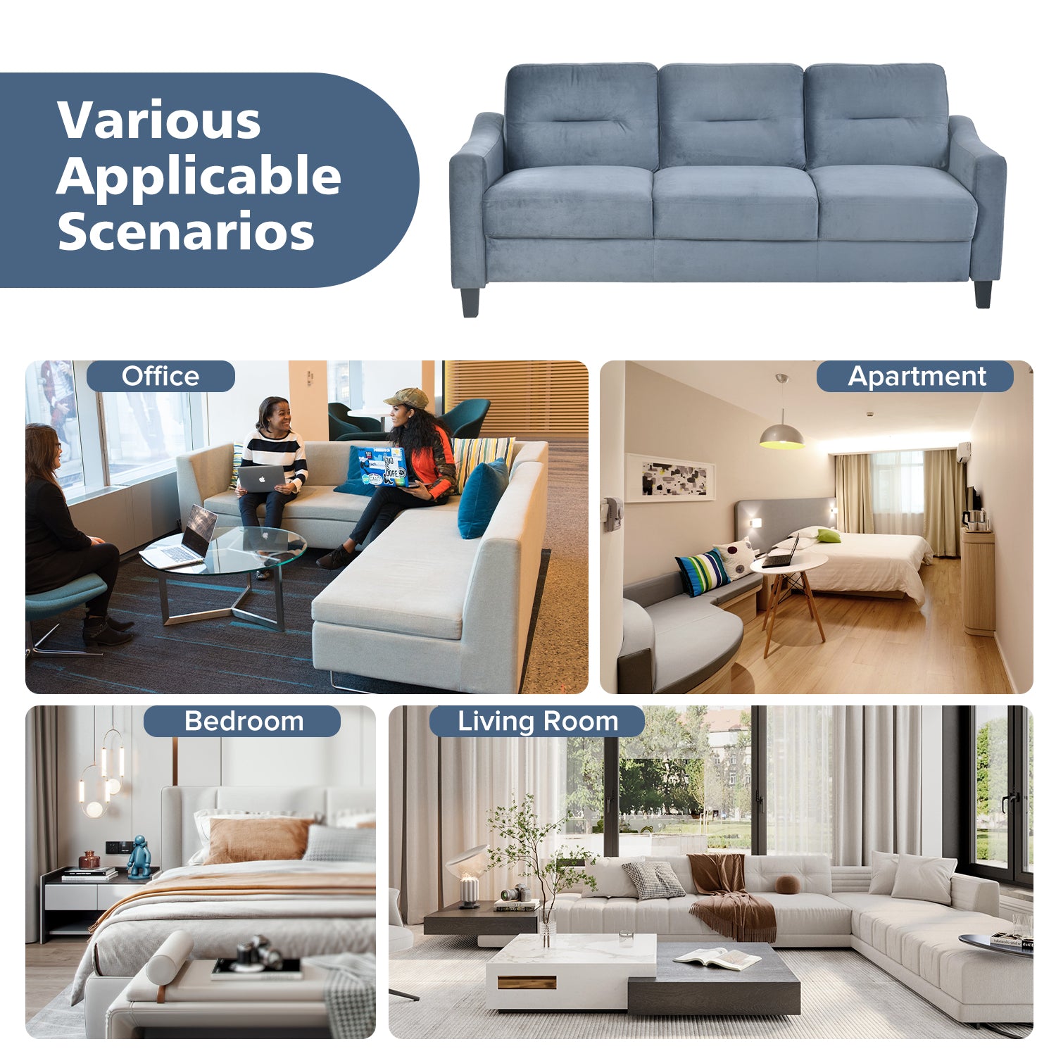 Plush blue velvet threeseater sofa a stylish centerpiece for any living room setting
