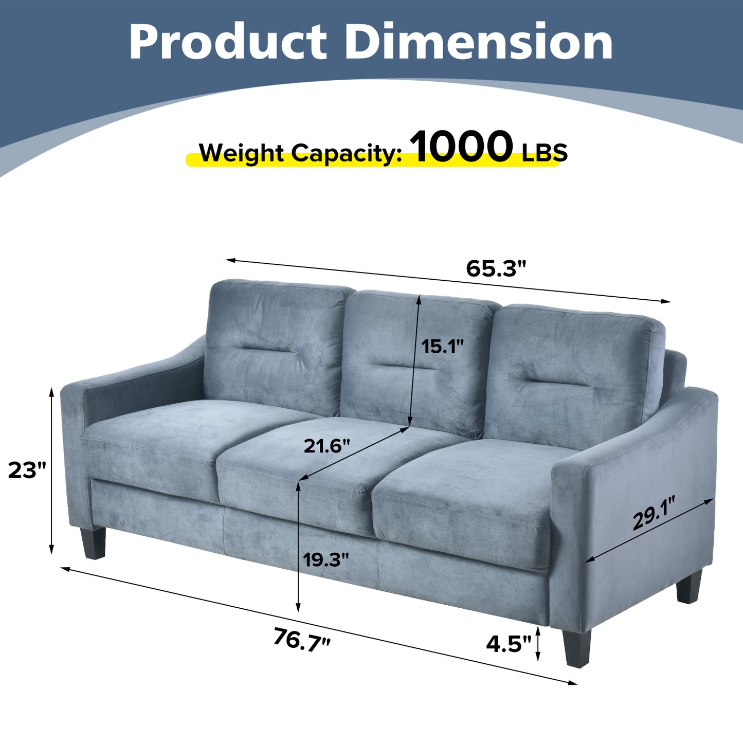 Gray velvet seater sofa with tufted backrests and sturdy wooden legs  W