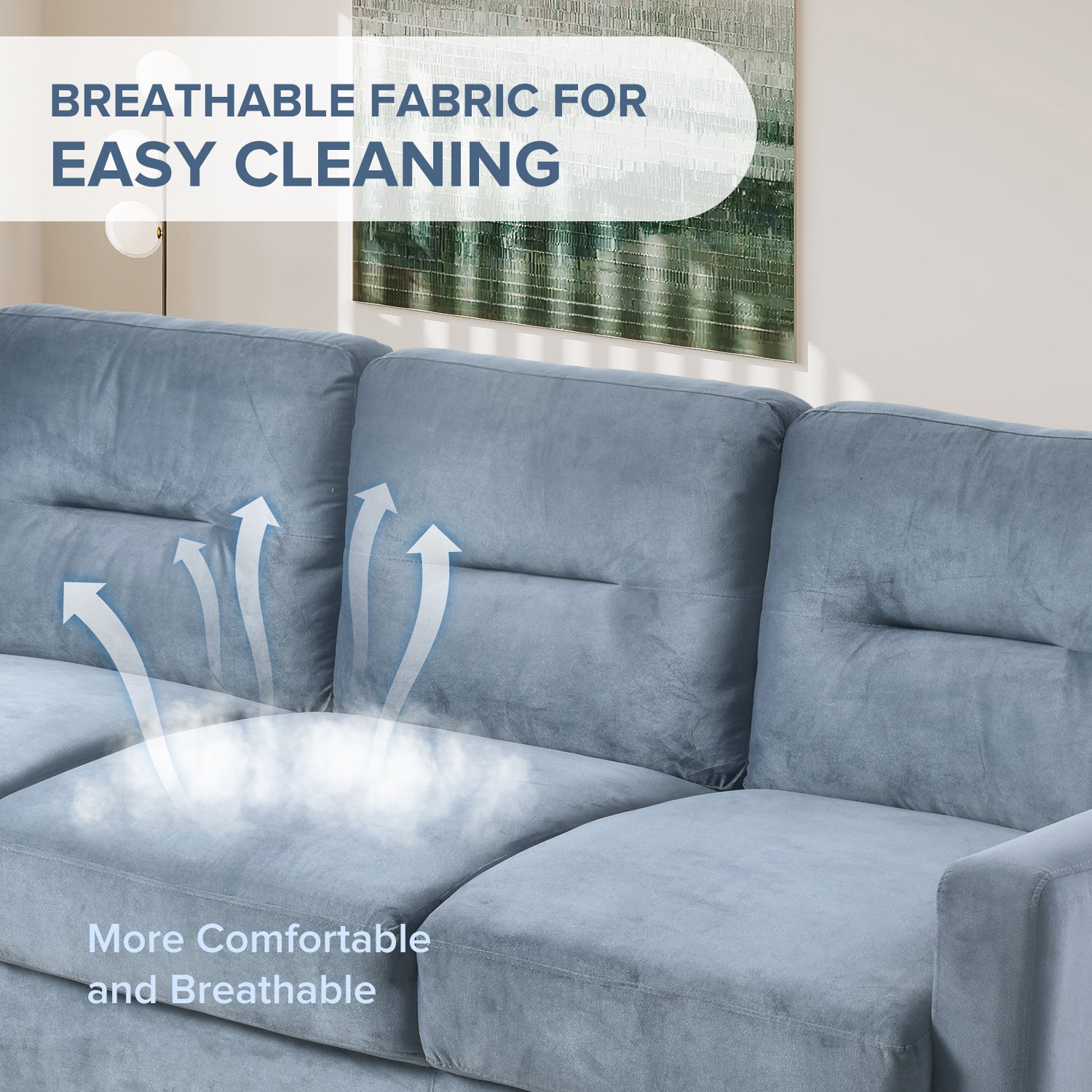 Light blue velvet sofa showcasing breathable fabric and comfort with white steam and arrow graphic