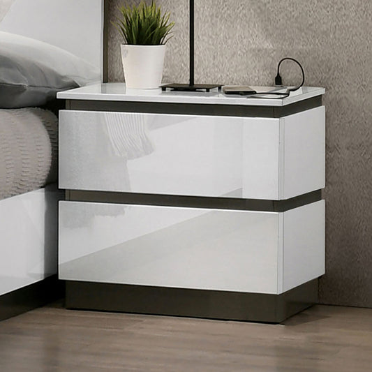 Modern white highgloss twodrawer nightstand with dark base