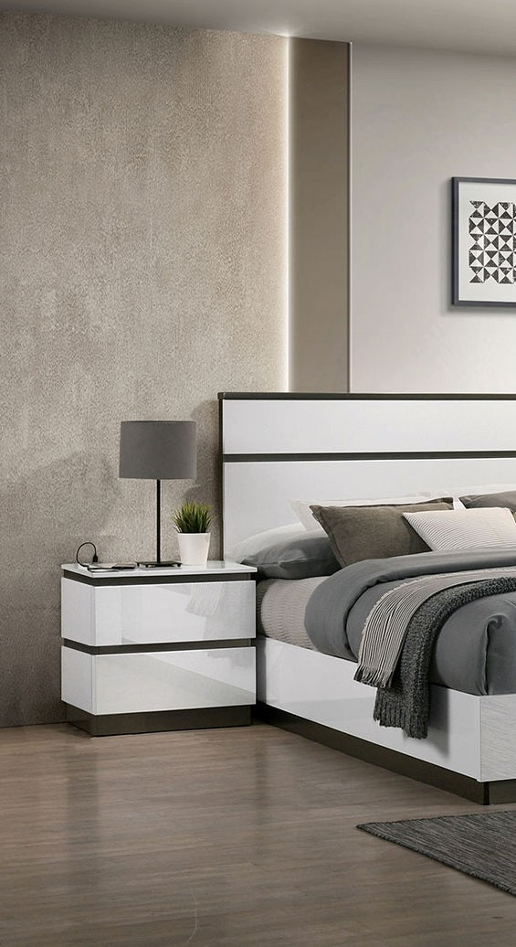 Glossy white modern nightstand with two drawers and dark accents