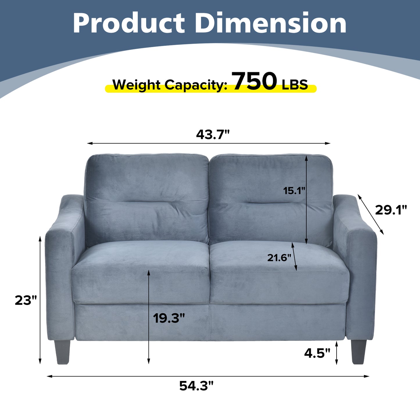 Gray velvet loveseat sofa with  lbs weight capacity and detailed dimensions