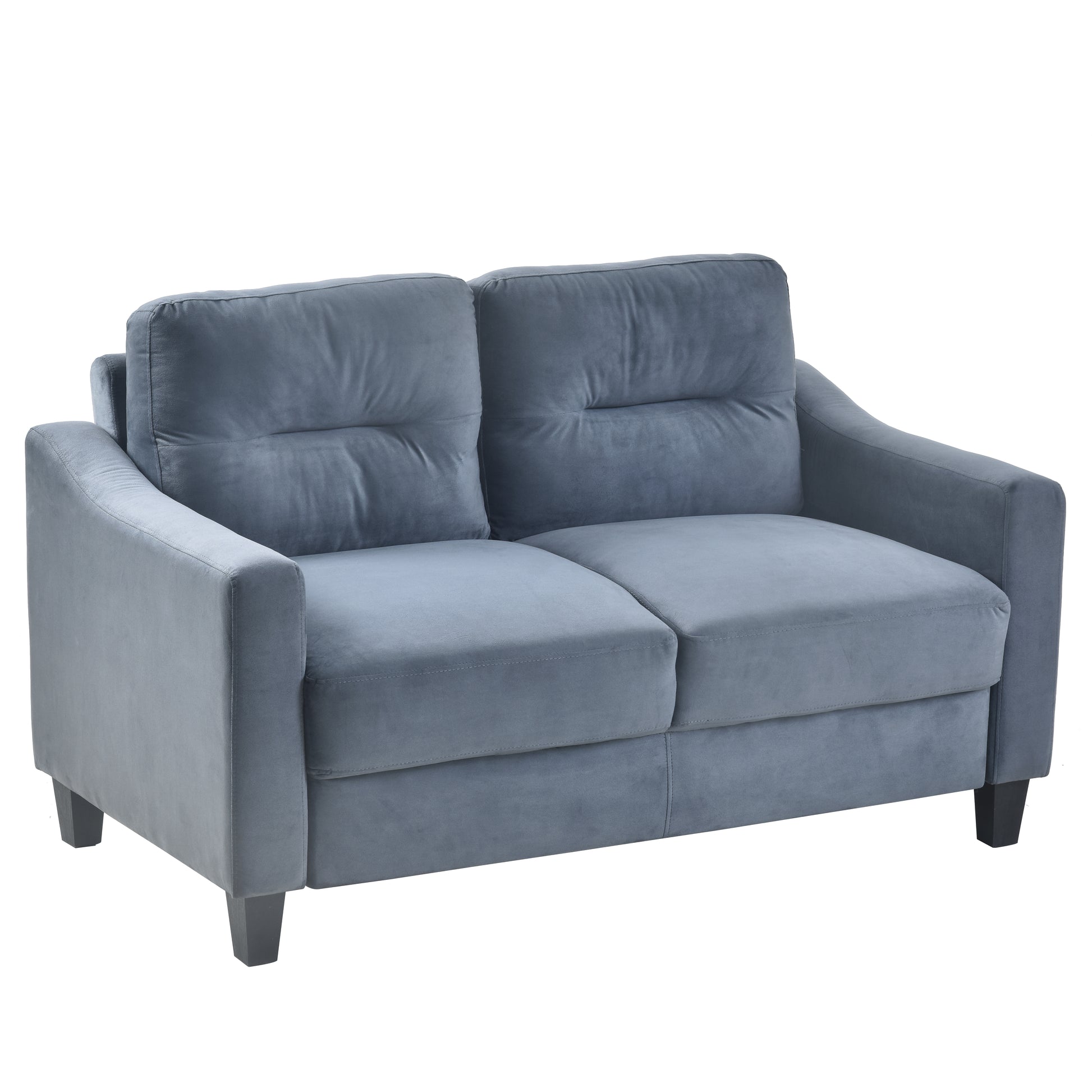 Dusty blue velvet loveseat with plush cushions and dark wood legs