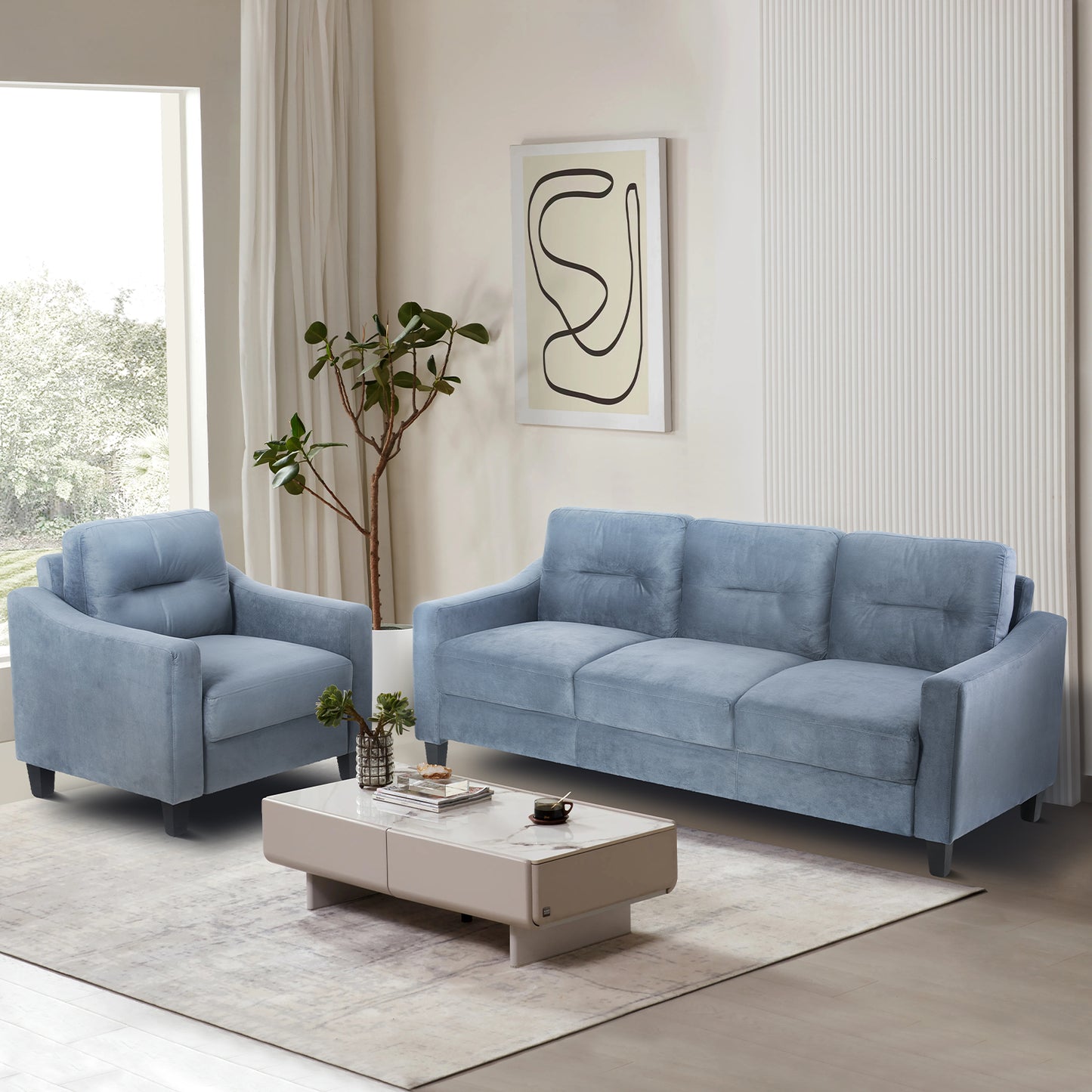 Plush sky blue velvet sofa with deep tufted cushions and a streamlined design for modern living rooms