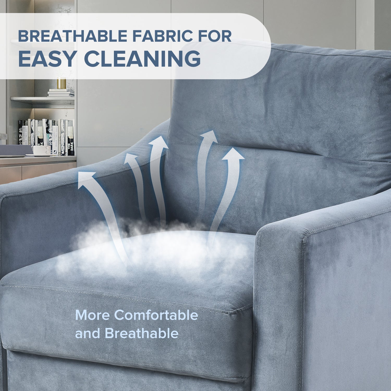 Closeup of a plush light blue velvet armchair with breathable fabric ideal for comfort