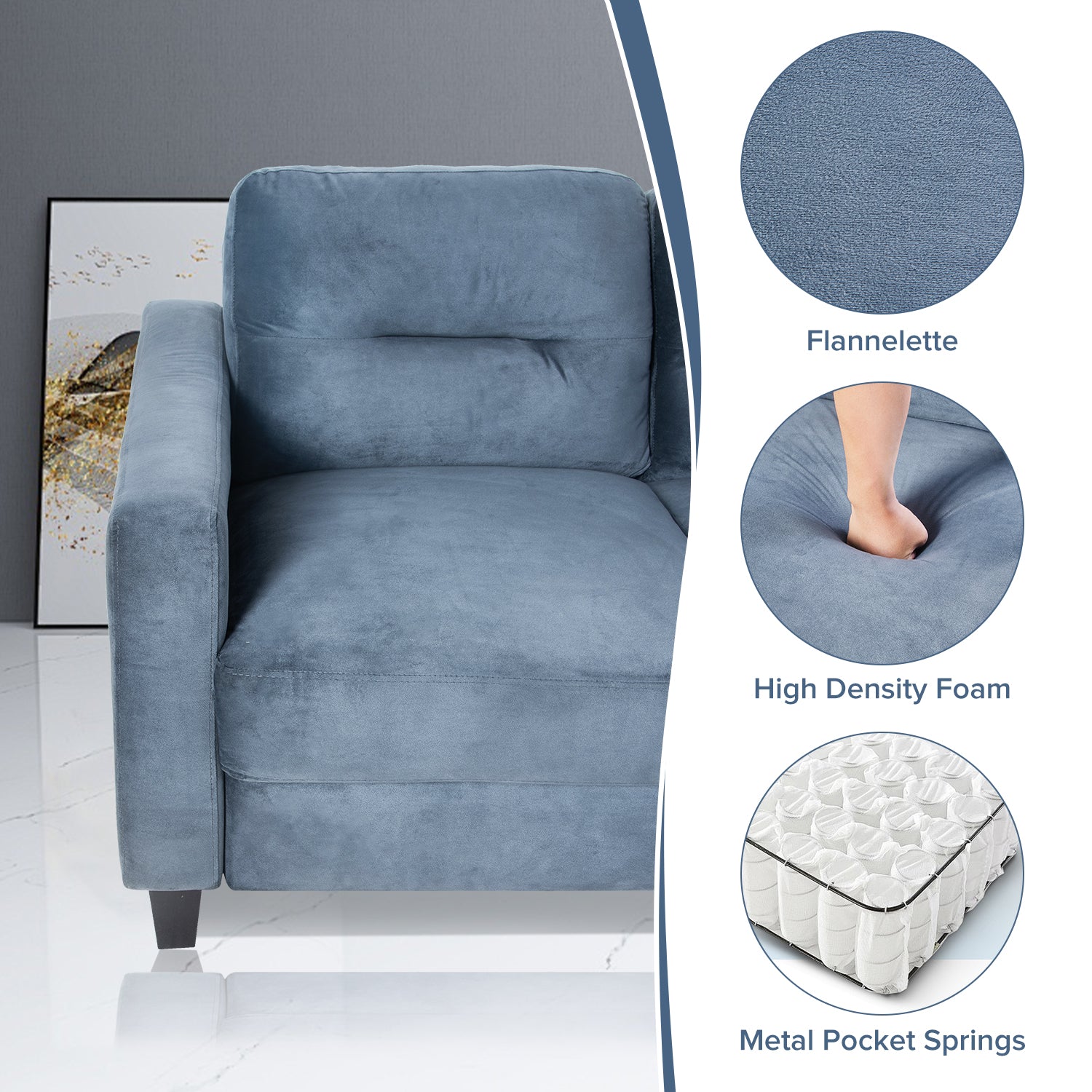 Blue plush loveseat with tufted backrest and armrests perfect for living rooms