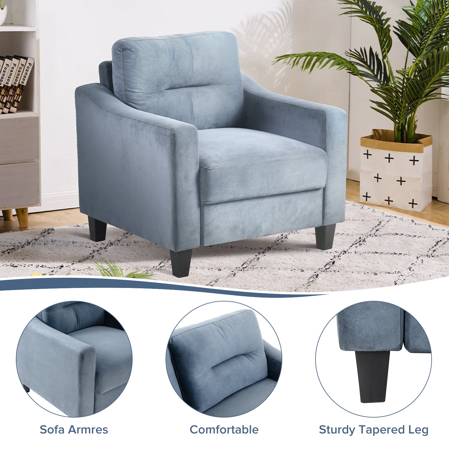 Light blue velvet armchair with plush cushions and sturdy tapered legs