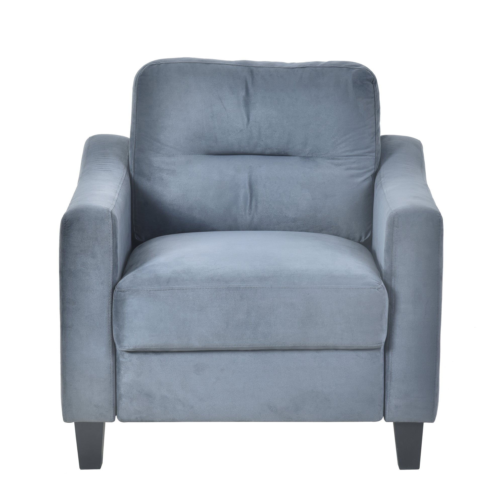 Plush grey velvet armchair with deep seat cushions and sturdy dark legs