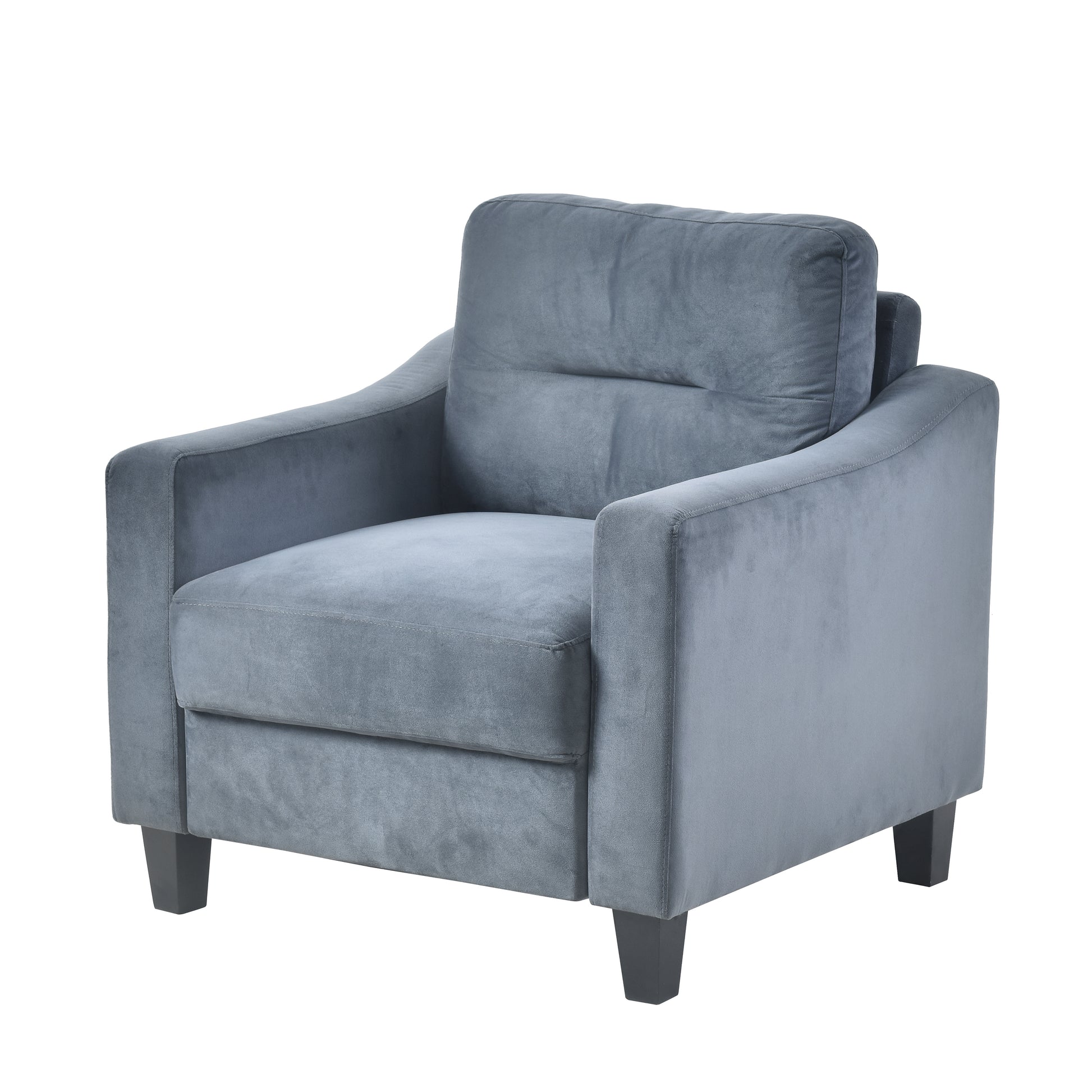 Plush grey velvet armchair with supportive back cushions and sturdy wooden legs