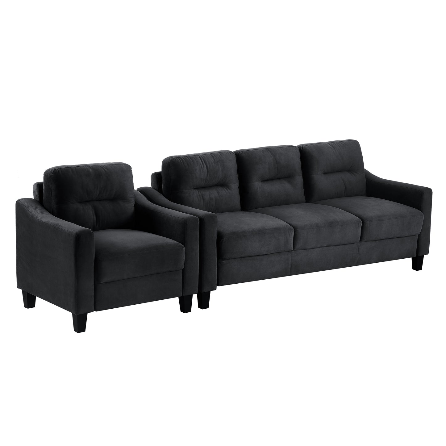 Charcoal grey upholstered armchair with tufted backrest and squared arms