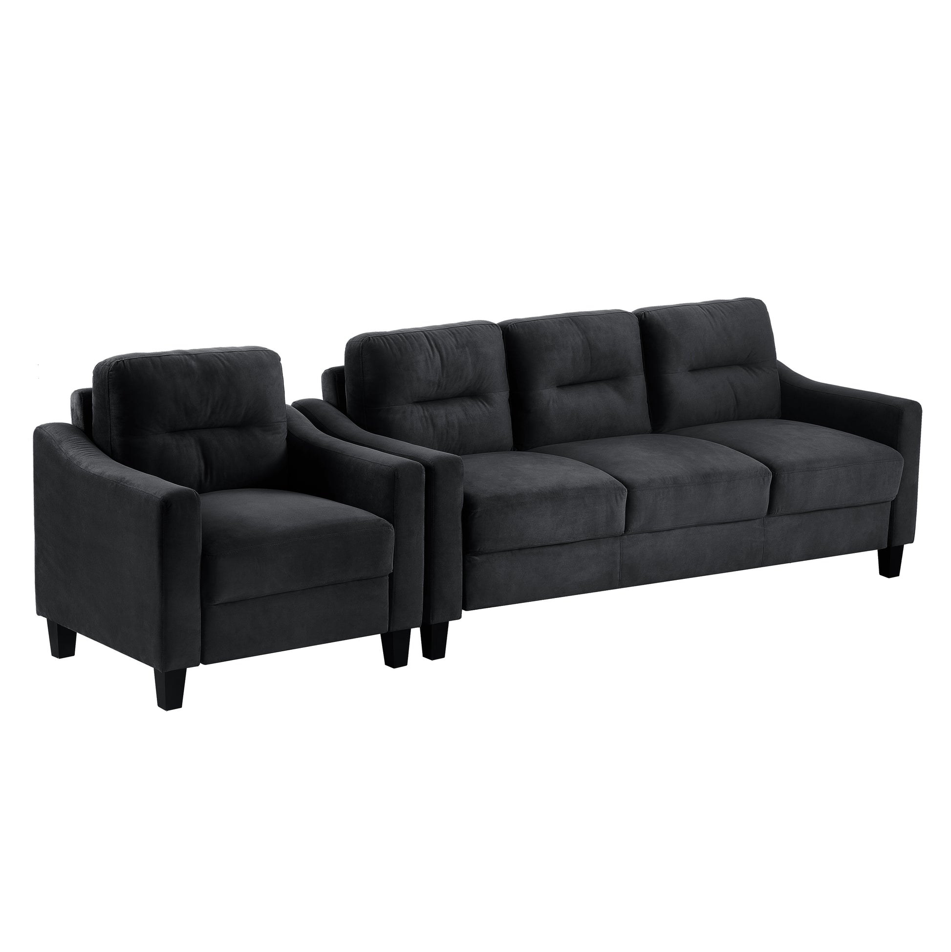 Charcoal grey upholstered armchair with tufted backrest and squared arms