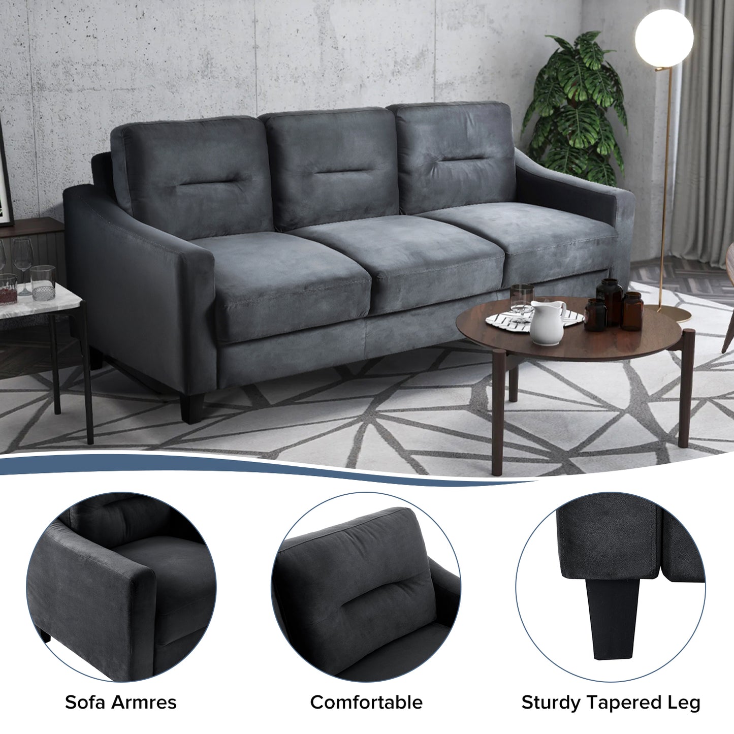 Dark grey velvet seater sofa with plush cushions and modern tapered legs