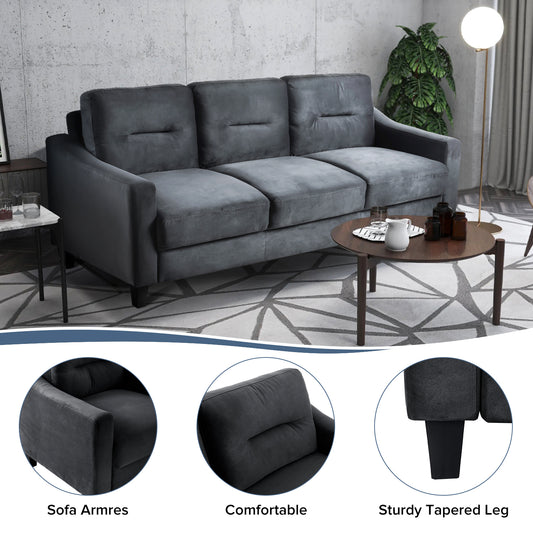 Dark grey velvet seater sofa with plush cushions and modern tapered legs