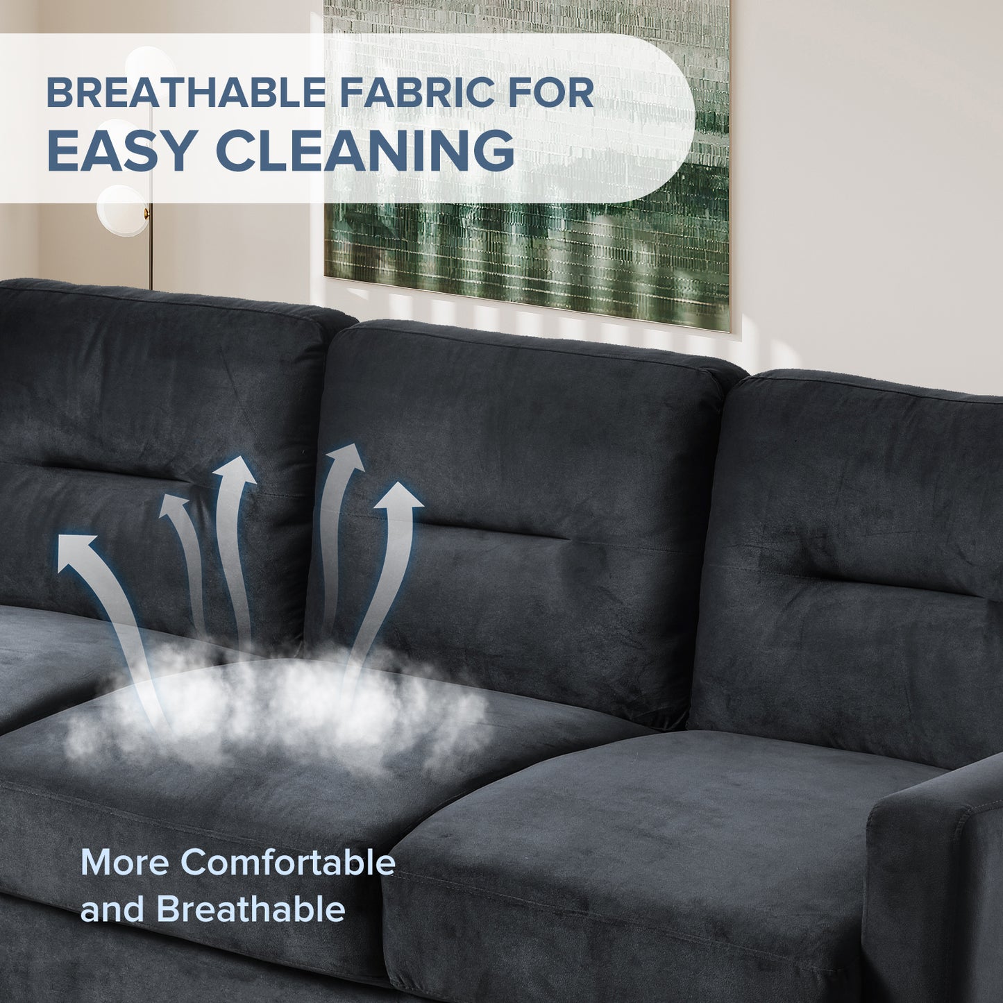 Dark charcoal sectional sofa with plush cushions and a breathable fabric for comfort