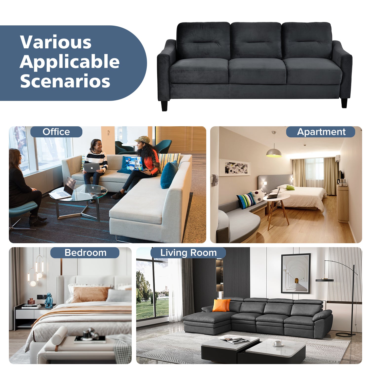 Dark gray velvet threeseater sofa with modern design