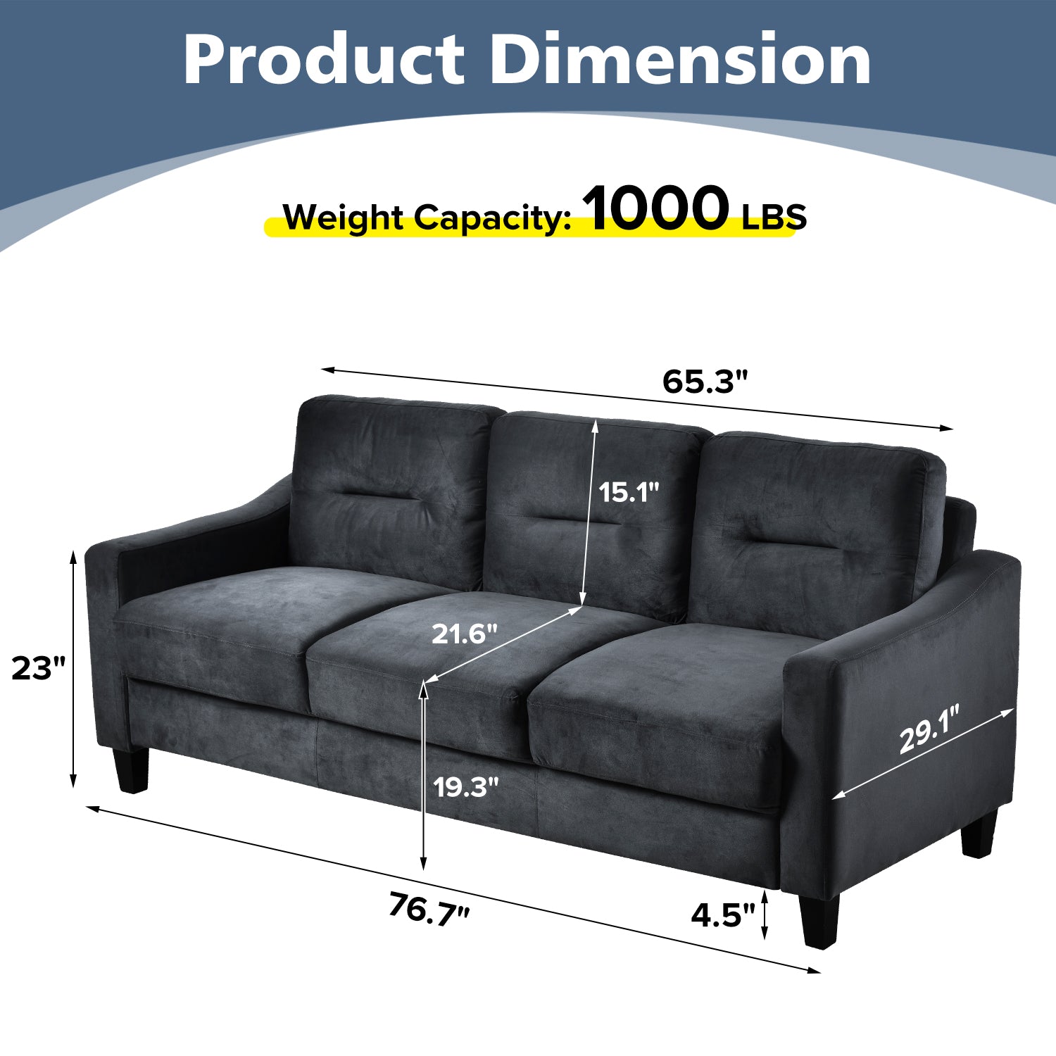Dark gray velvet upholstered seater sofa with tufted cushions and dimensions labeled