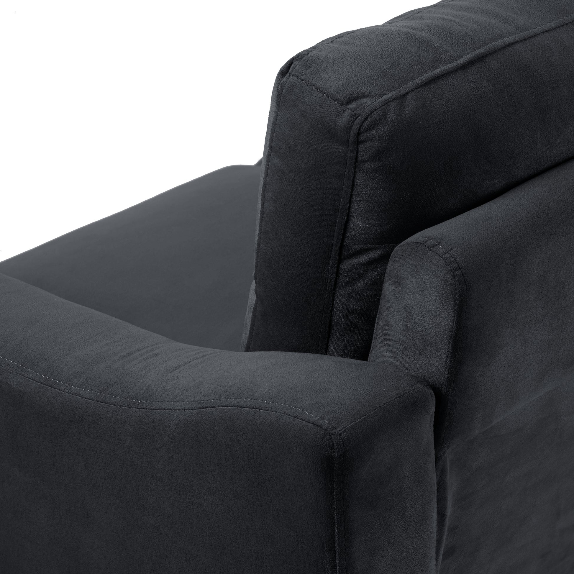 Dark grey fabric armchair armrest and back cushion detail modern design