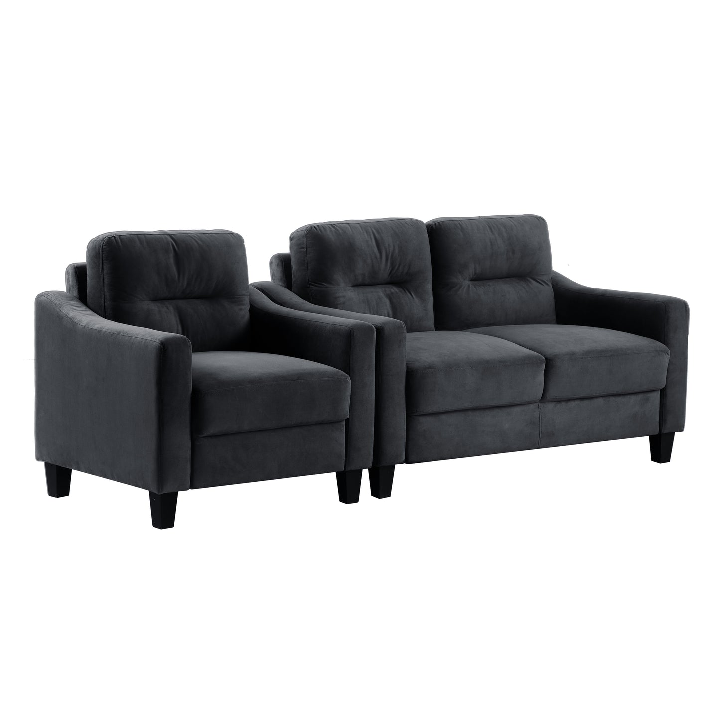 Dark gray velvet sofa and armchair set with tufted cushions and black wooden legs