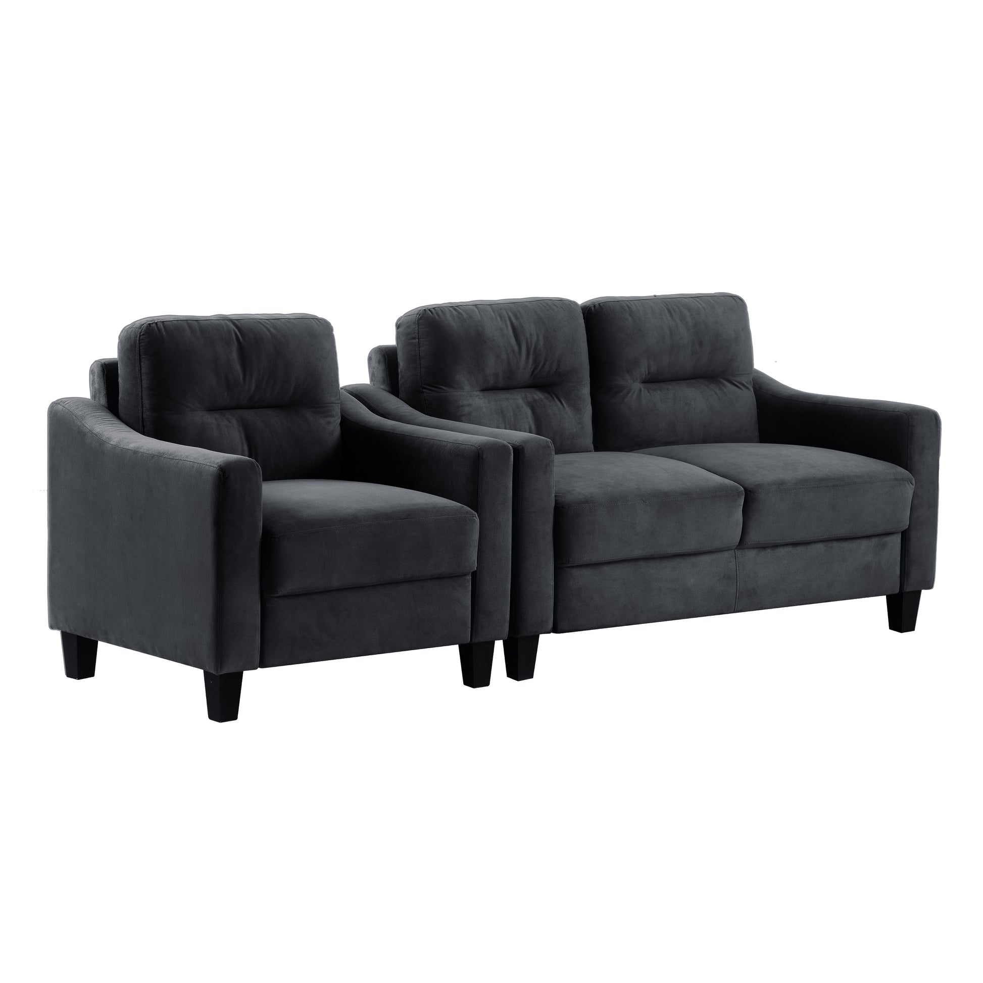 Dark gray velvet sofa and armchair set with tufted cushions and black wooden legs