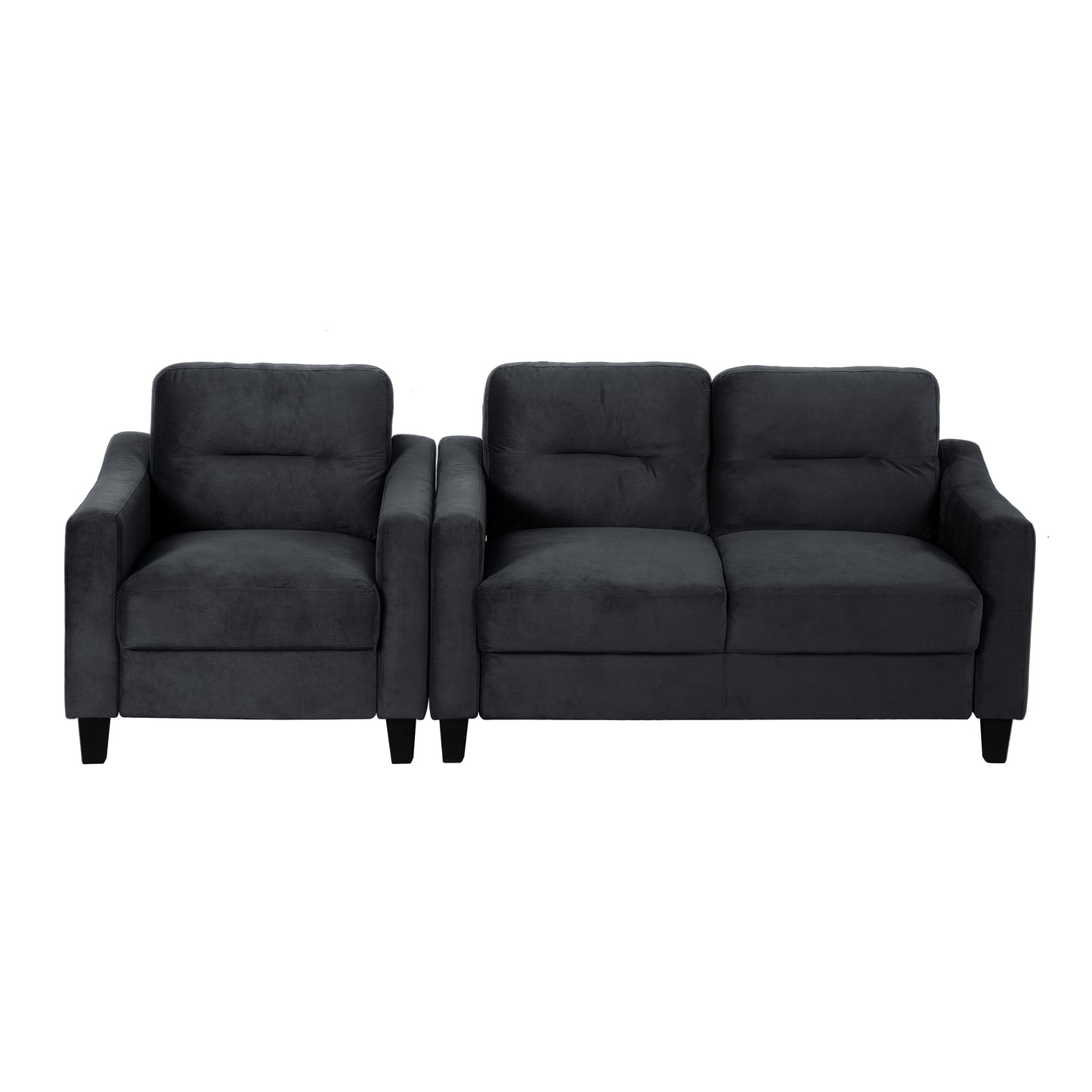 Dark grey velvet armchair with plush cushions and sturdy black legs
