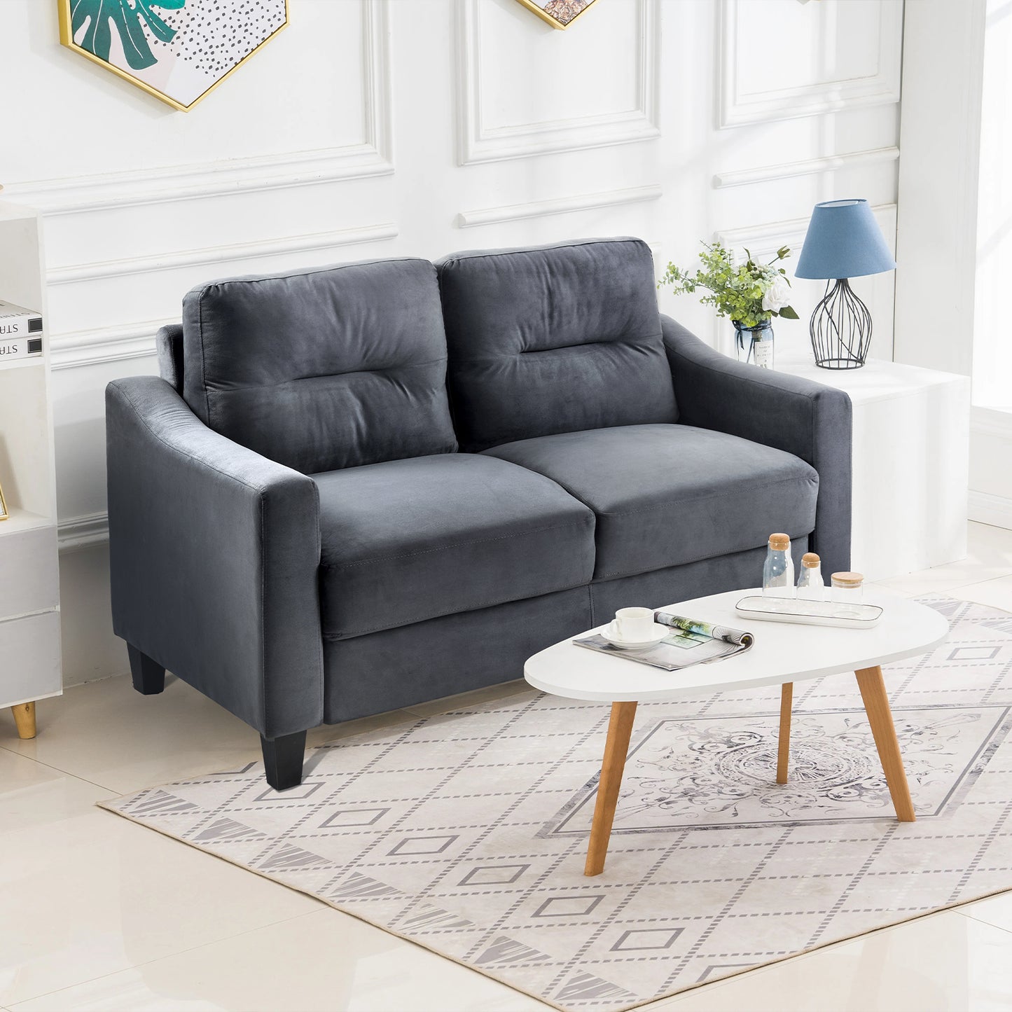 Plush grey velvet loveseat sofa with tufted back cushions for modern living room comfort