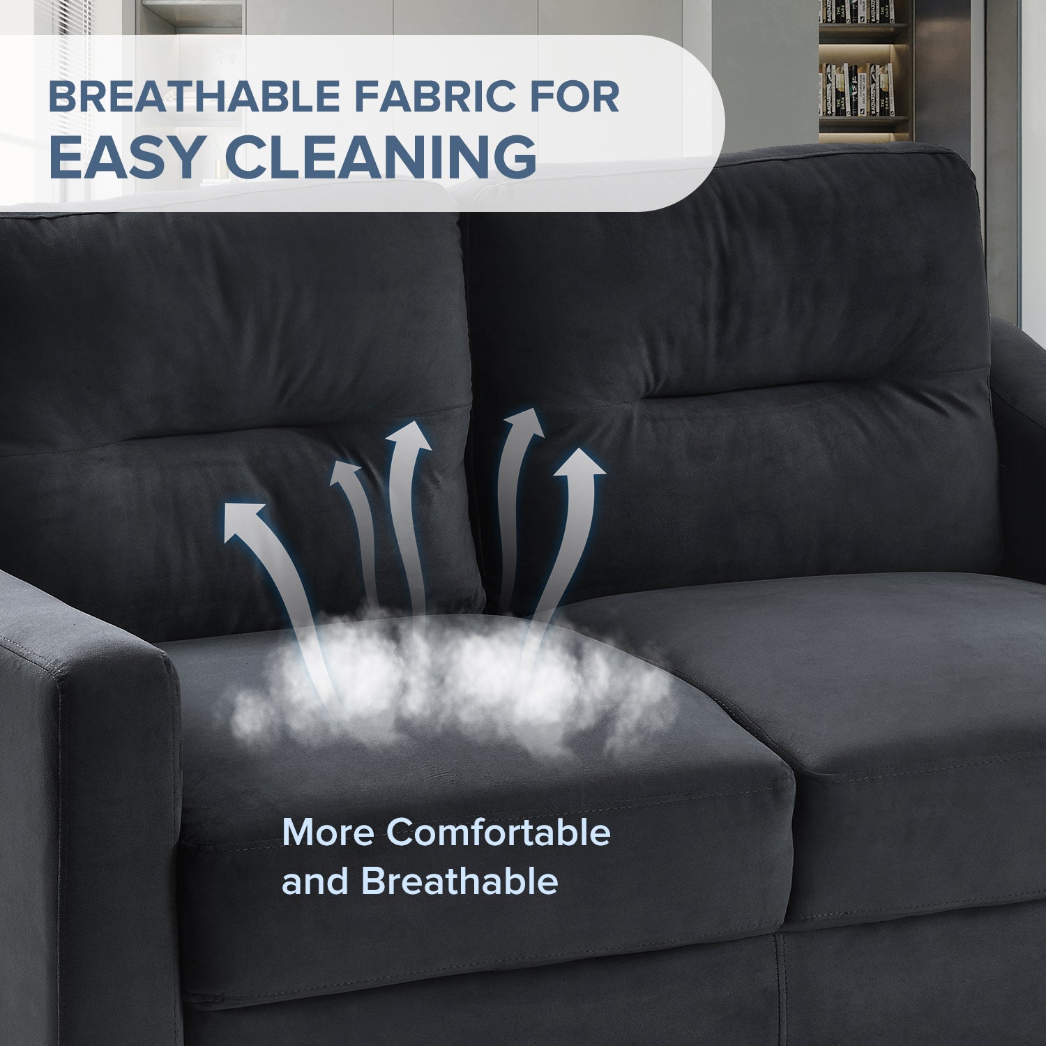 Dark gray velvet sofa showing breathable fabric and comfort features