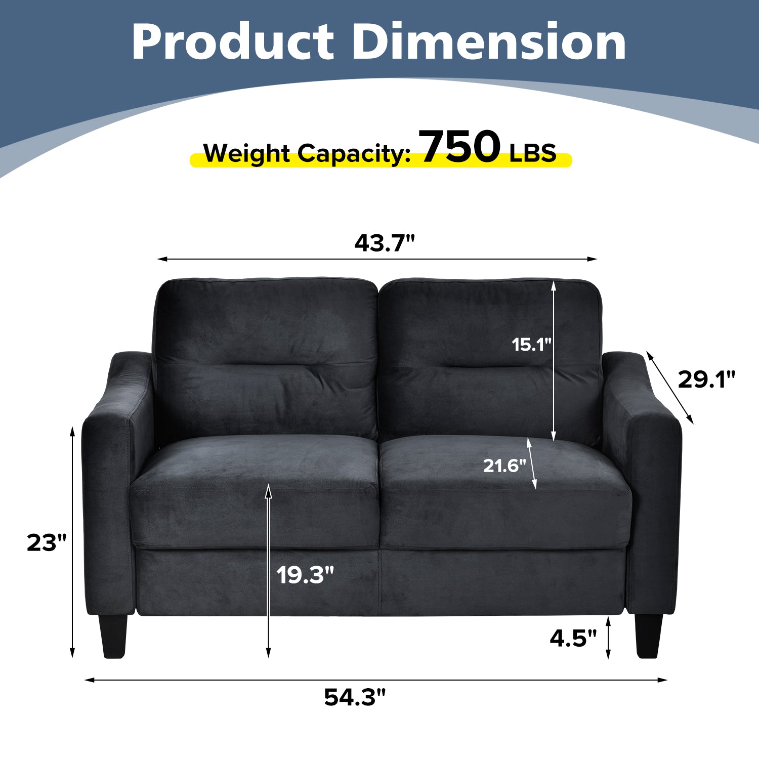 Dark gray velvet loveseat dimensions  W x  D x  H  lbs capacity