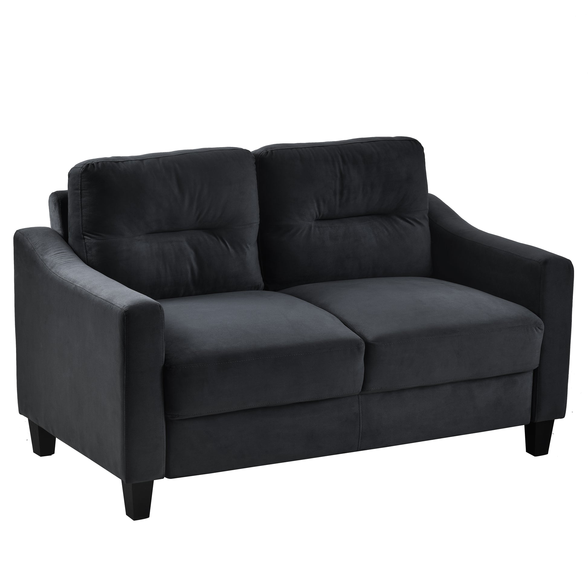 Dark gray velvet twoseater sofa with tufted back cushions and tapered legs