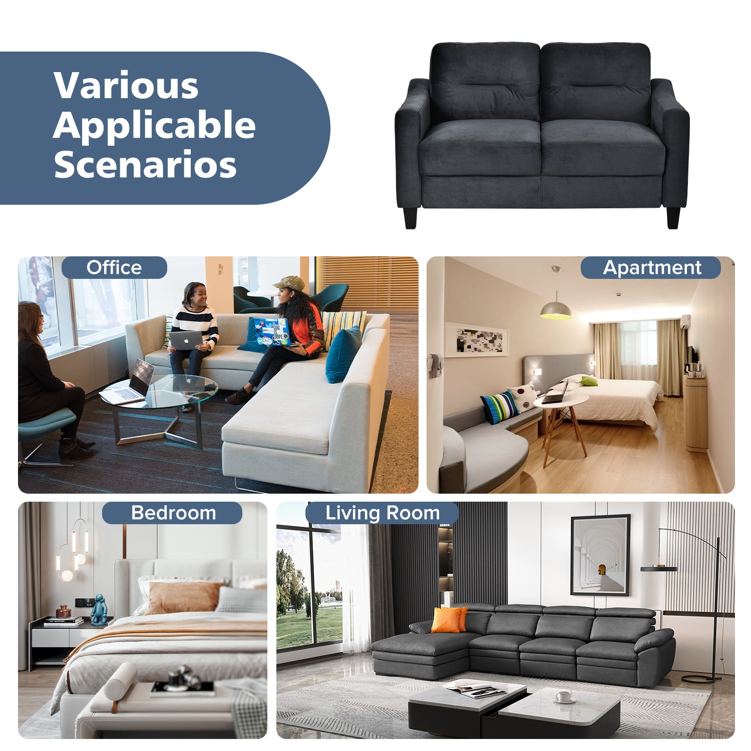 Dark charcoal velvet loveseat with plush cushions suitable for small spaces