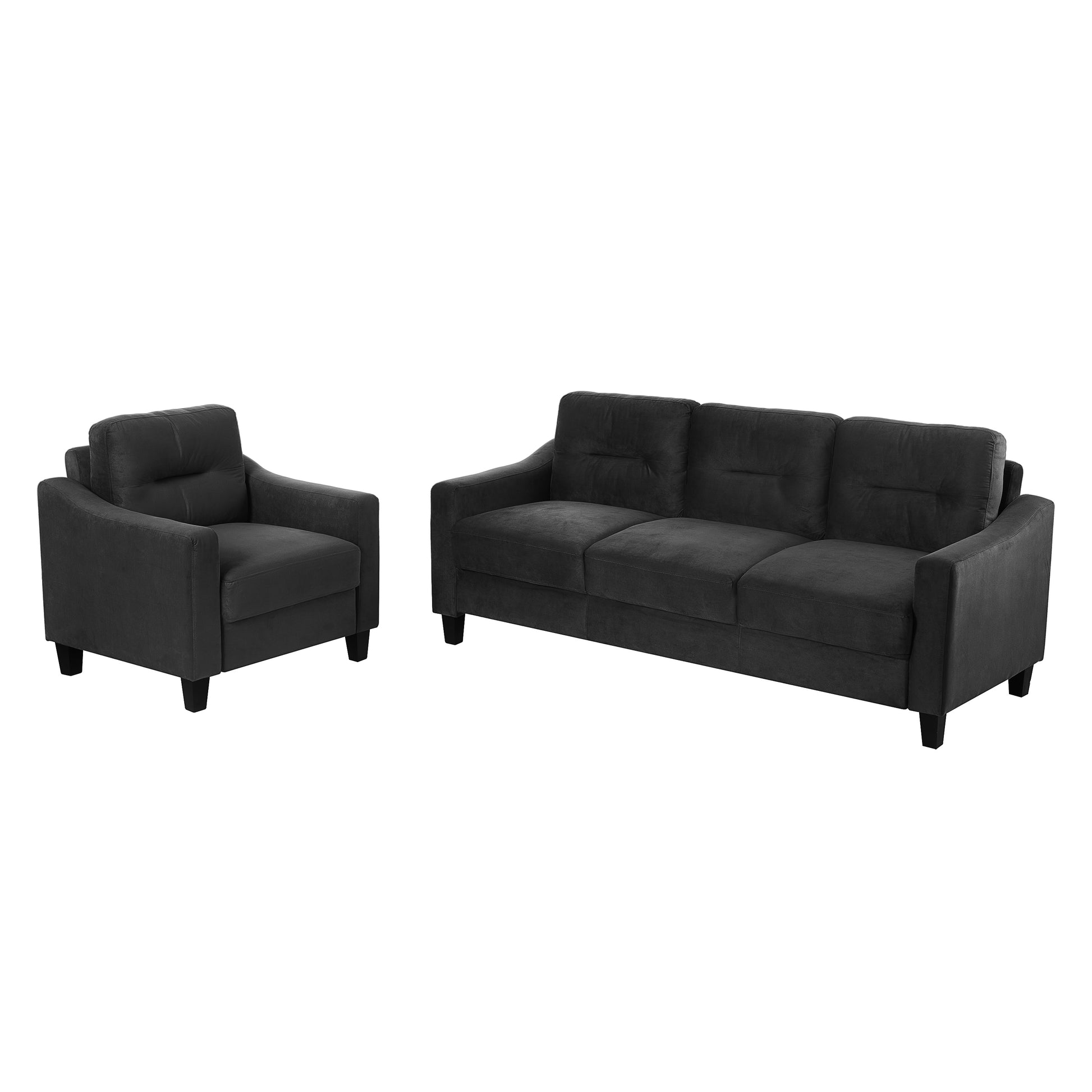 Dark charcoal grey upholstered threeseater sofa with tufted back cushions for comfortable seating