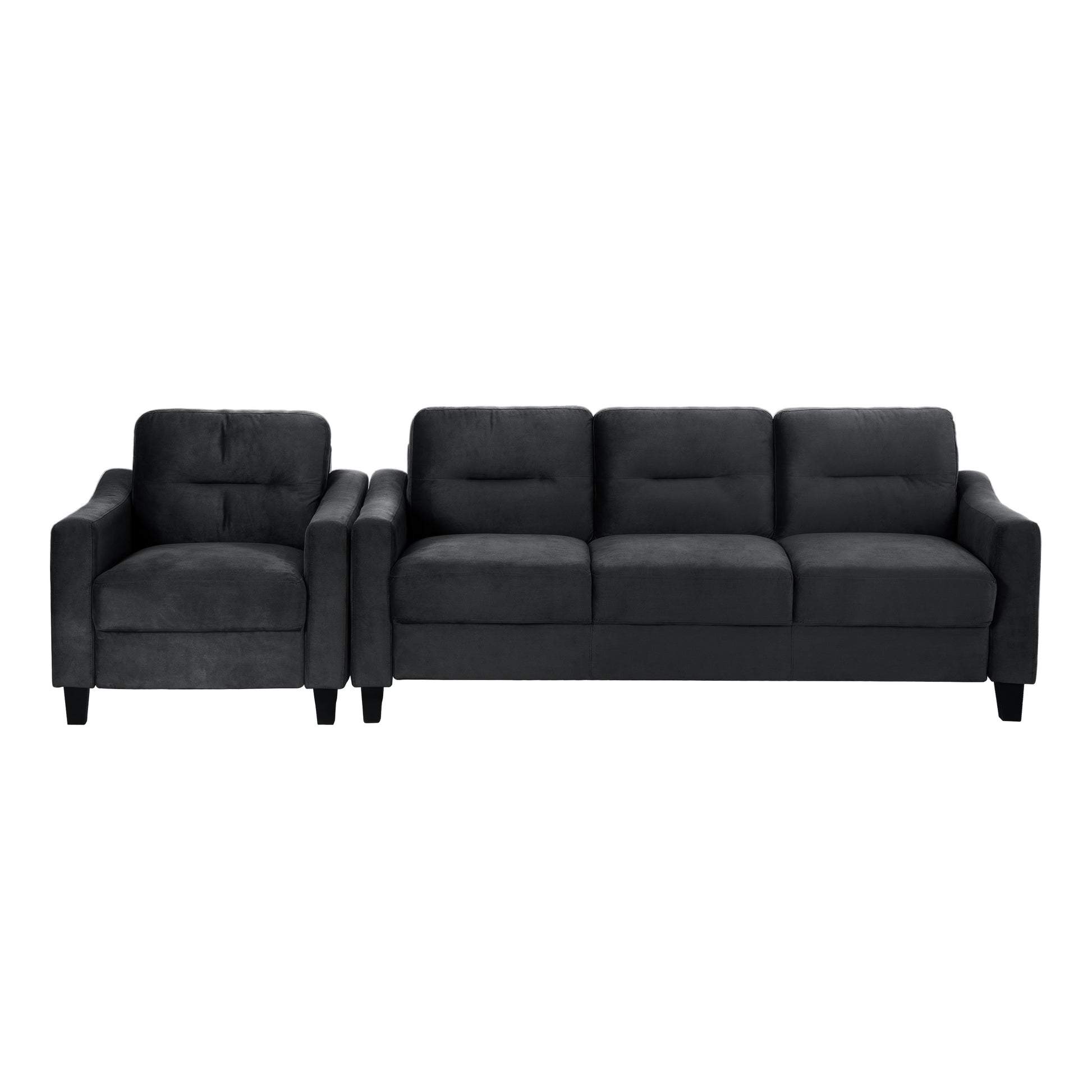 Dark gray suede accent chair with tufted back and plush cushions