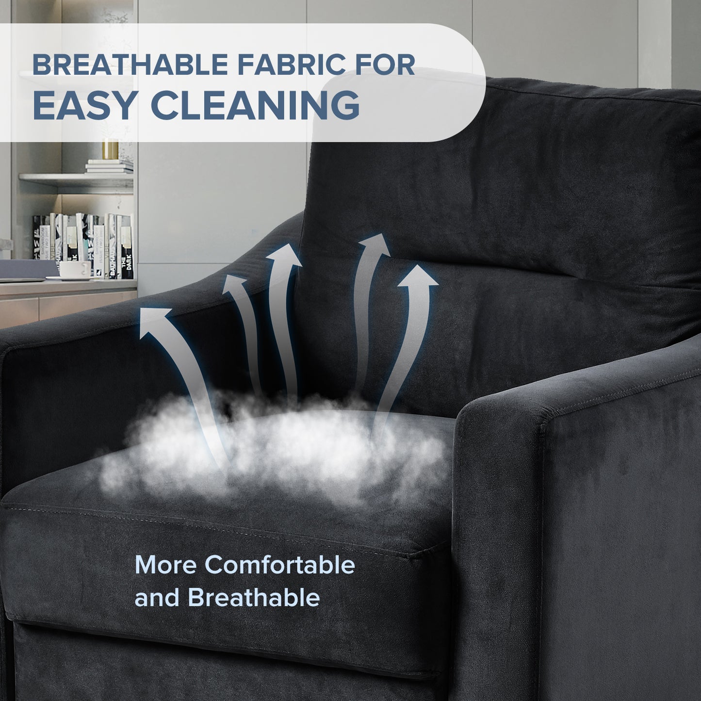 Dark gray velvet armchair featuring breathable fabric for comfort and easy cleaning