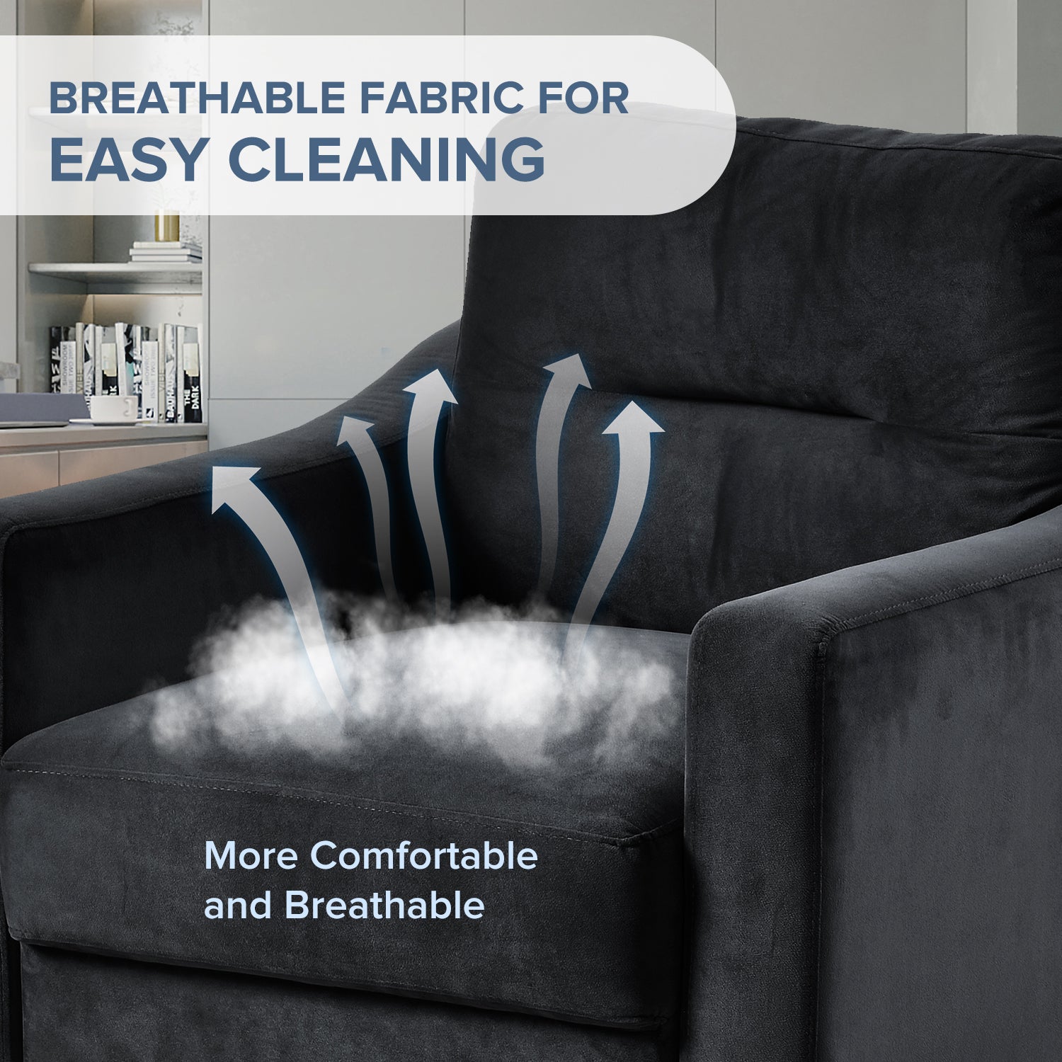 Dark gray velvet armchair featuring breathable fabric for comfort and easy cleaning